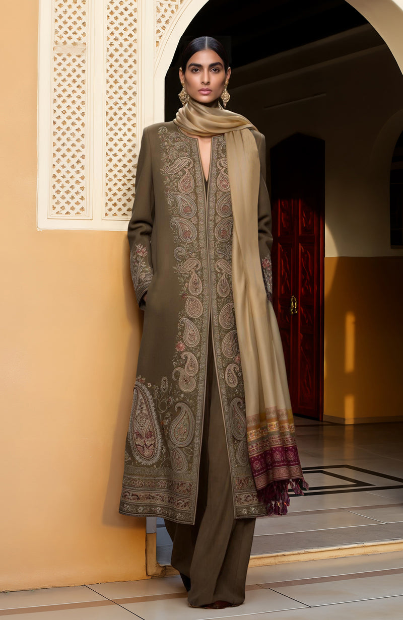 Elegant Olive Paisley Embroidered Long Jacket With Jumpsuit