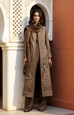 Opulent Taupe Brown Paisley Embroidered Jacket With Jumpsuit