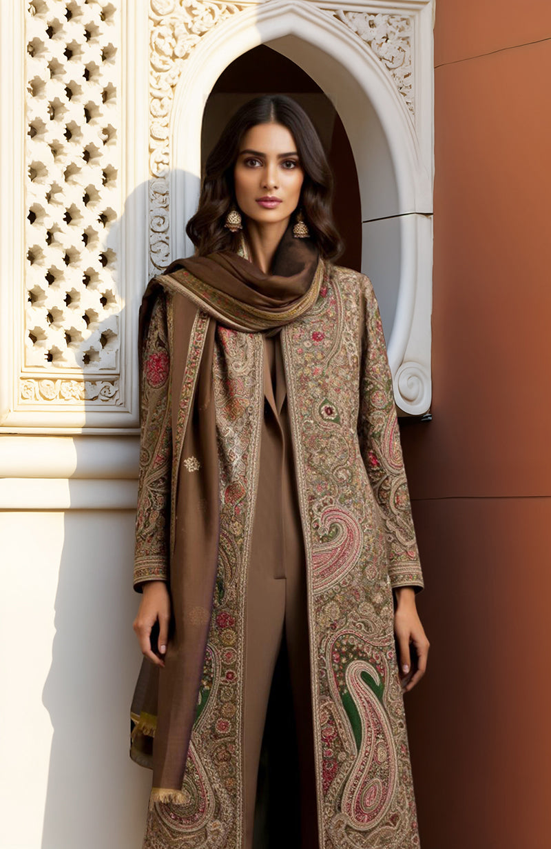 Opulent Taupe Brown Paisley Embroidered Jacket With Jumpsuit