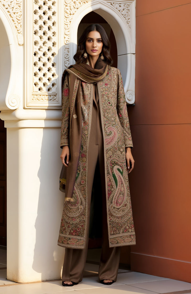 Opulent Taupe Brown Paisley Embroidered Jacket With Jumpsuit