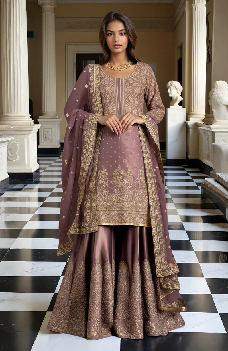 Dusty Mauve Gold Embroidered Gharara set