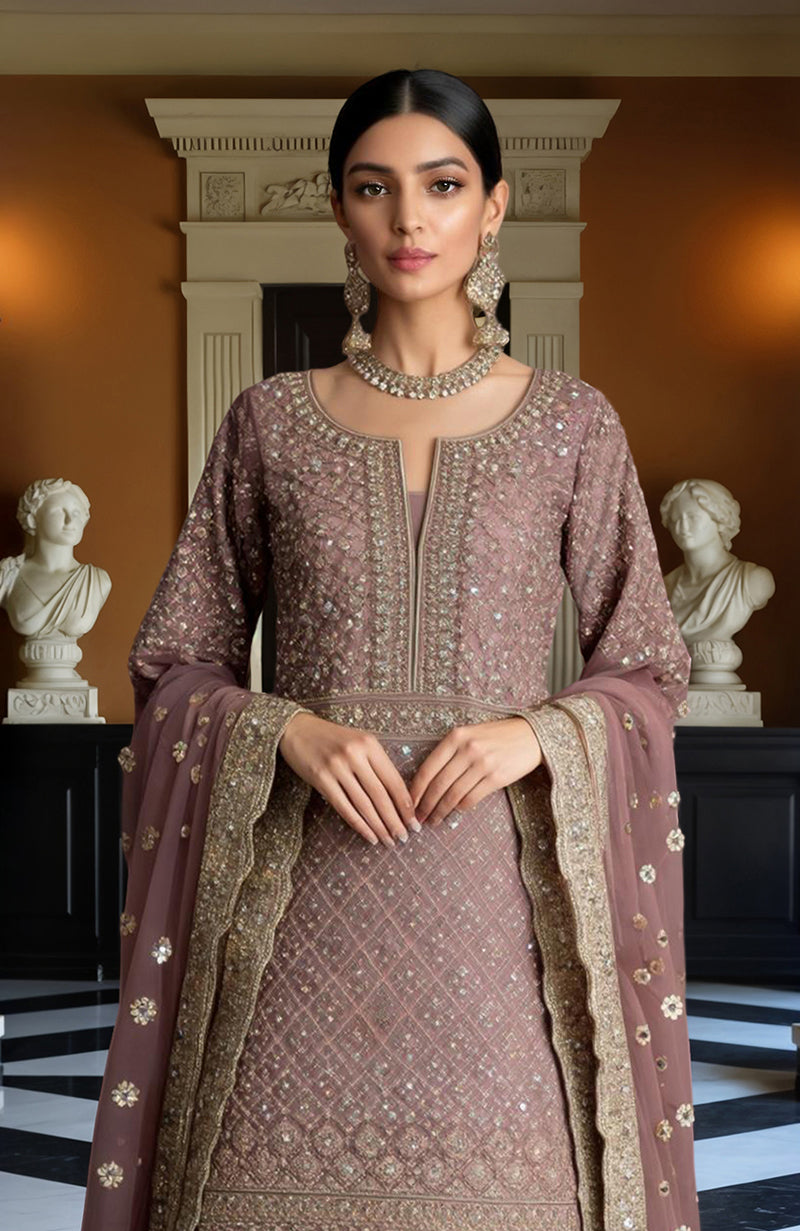 Dusty Mauve Gold Embroidered Sharara set