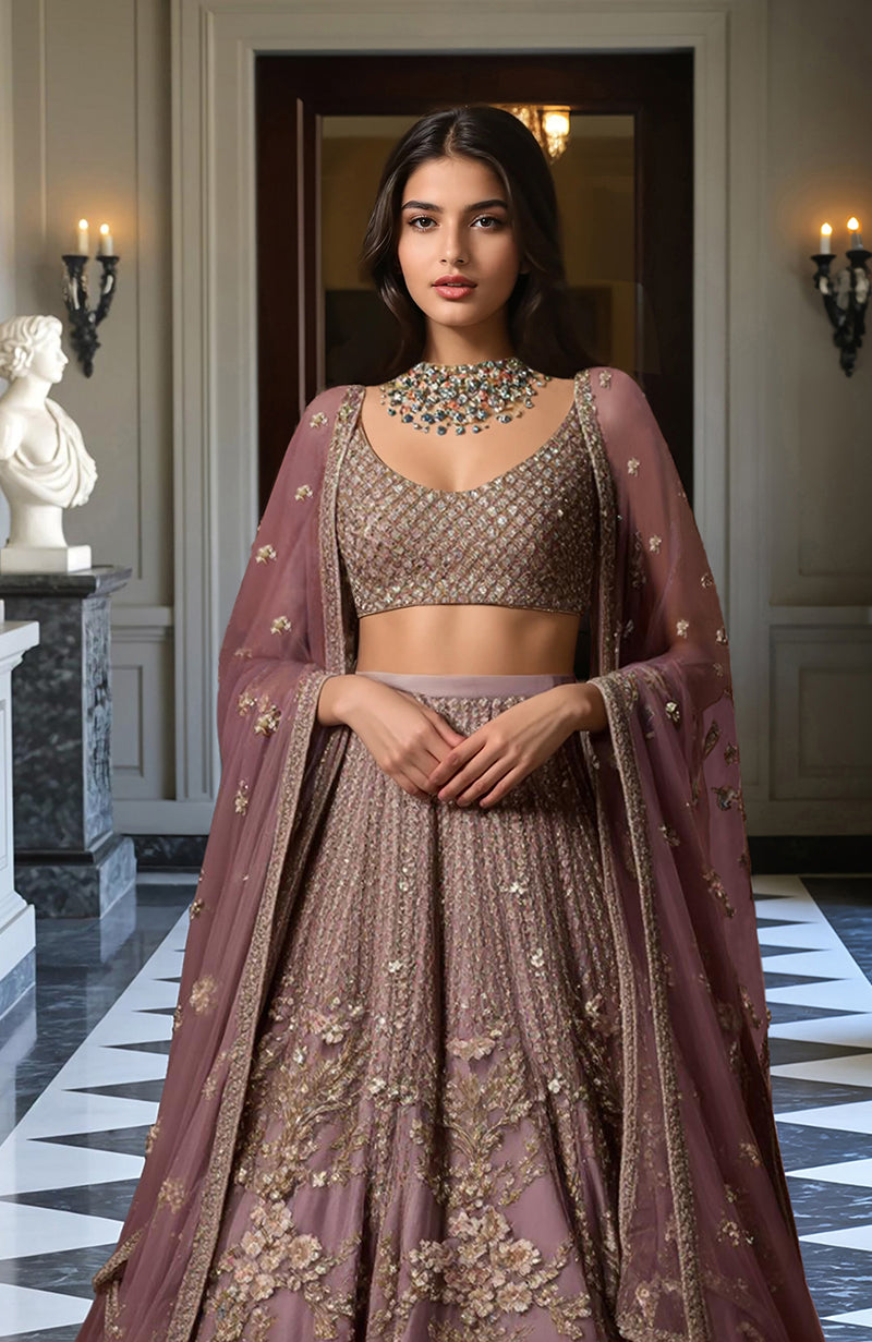 Dusty Mauve Gold Embroidered Lehenga Set