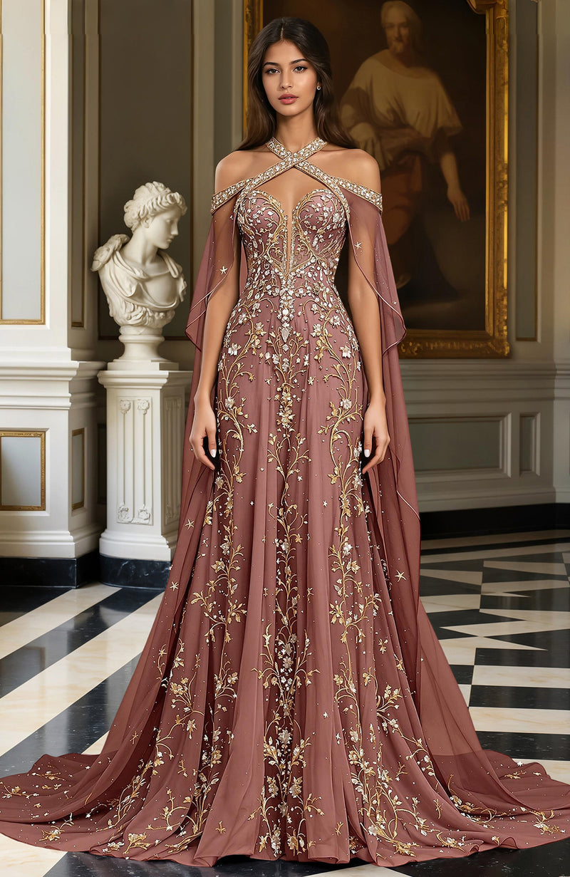 Dusty Mauve Gold Embroidered Gown & Cape
