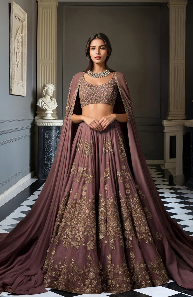 Deep Mauve Gold Embroidered Lehenga Set