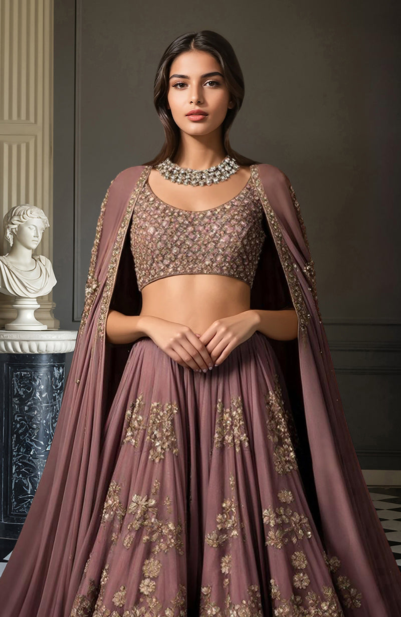 Deep Mauve Gold Embroidered Lehenga Set