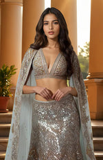 Celestial Silver- Gold Chevron Sequin Hand  Embroidered Cape Lehenga Set