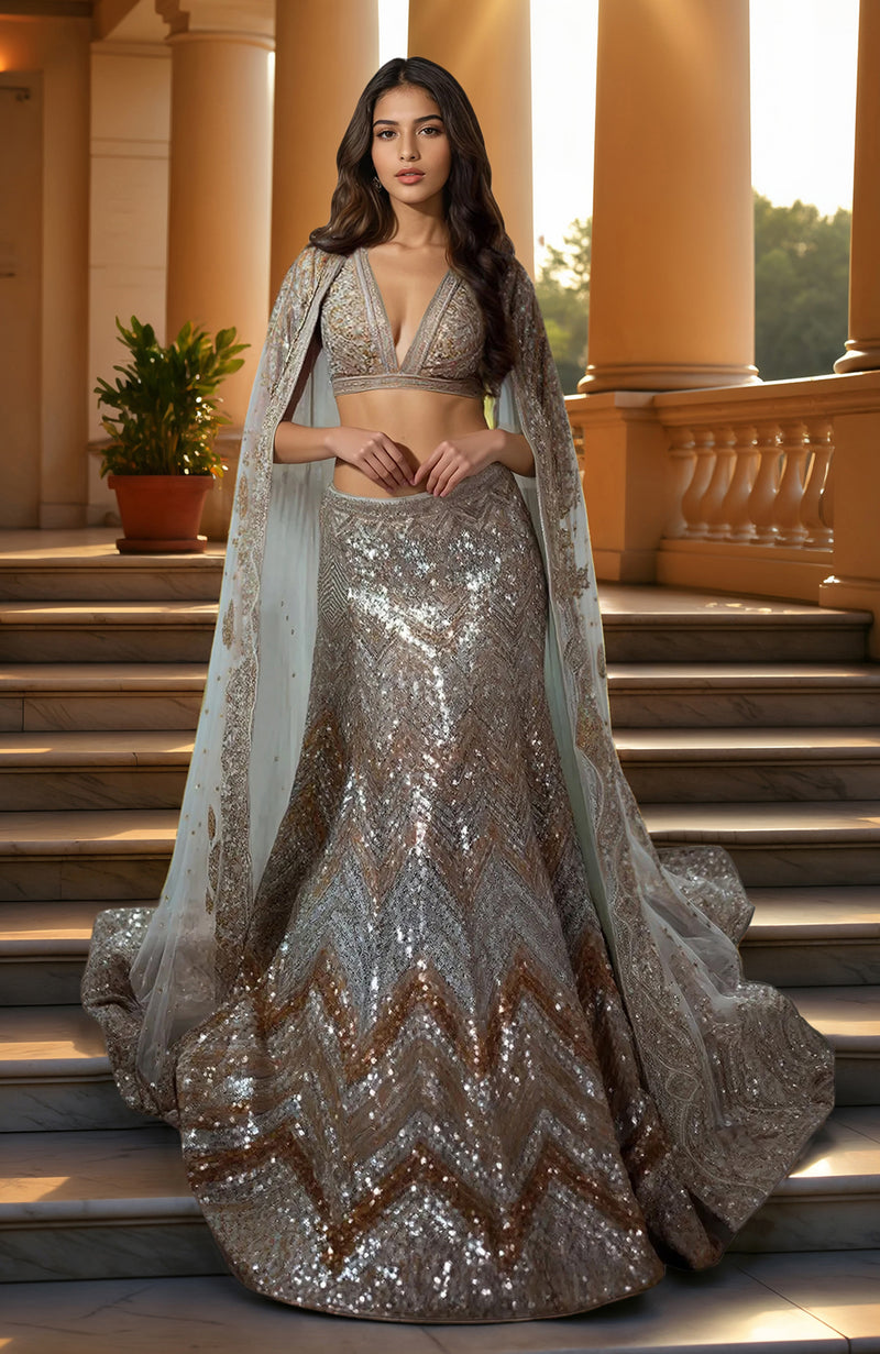 Celestial Silver- Gold Chevron Sequin Hand  Embroidered Cape Lehenga Set