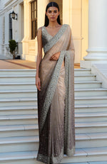 Champagne Starlight Sequin and Bead Hand Embroidered Saree
