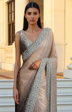 Champagne Starlight Sequin and Bead Hand Embroidered Saree