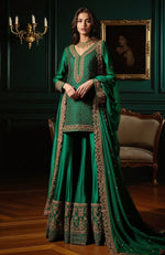 Emerald Green Gold Embroidered Sharara set