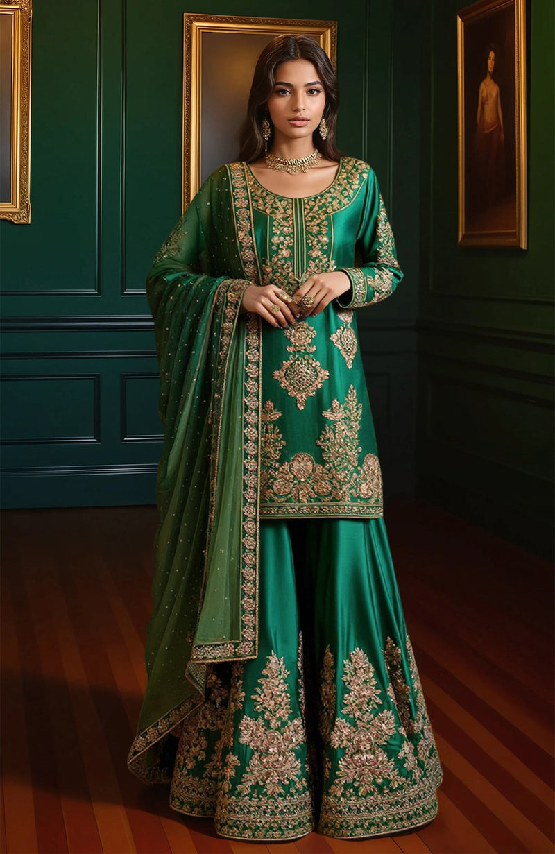 Emerald Green Gold Zari Embroidered Sharara Set