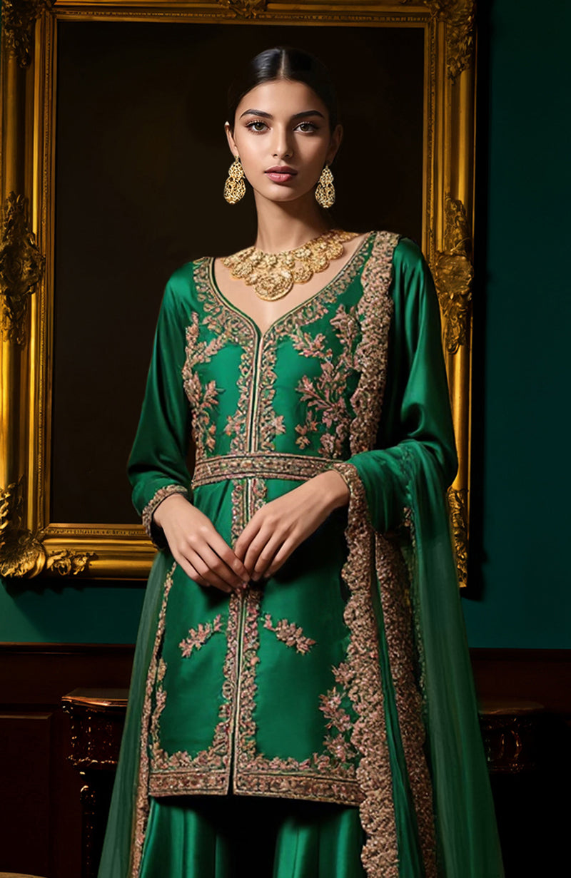 Emerald Green Gold Embroidered Sharara set