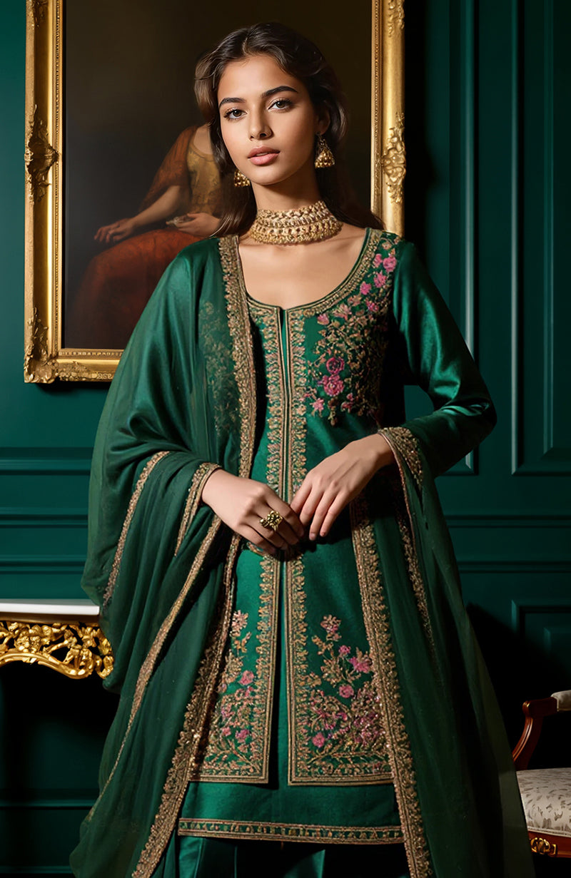 Emerald Green Gold Embroidered Gharara set