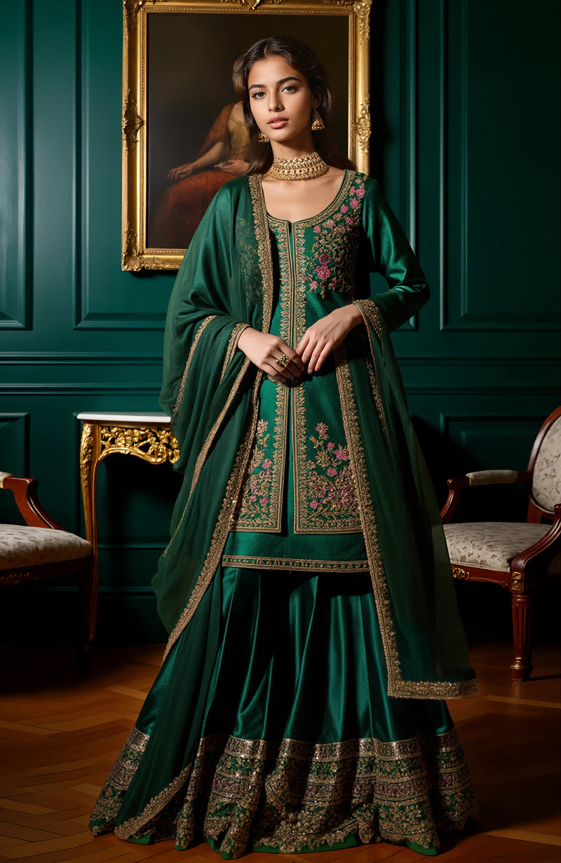 Emerald Green Gold Embroidered Gharara set