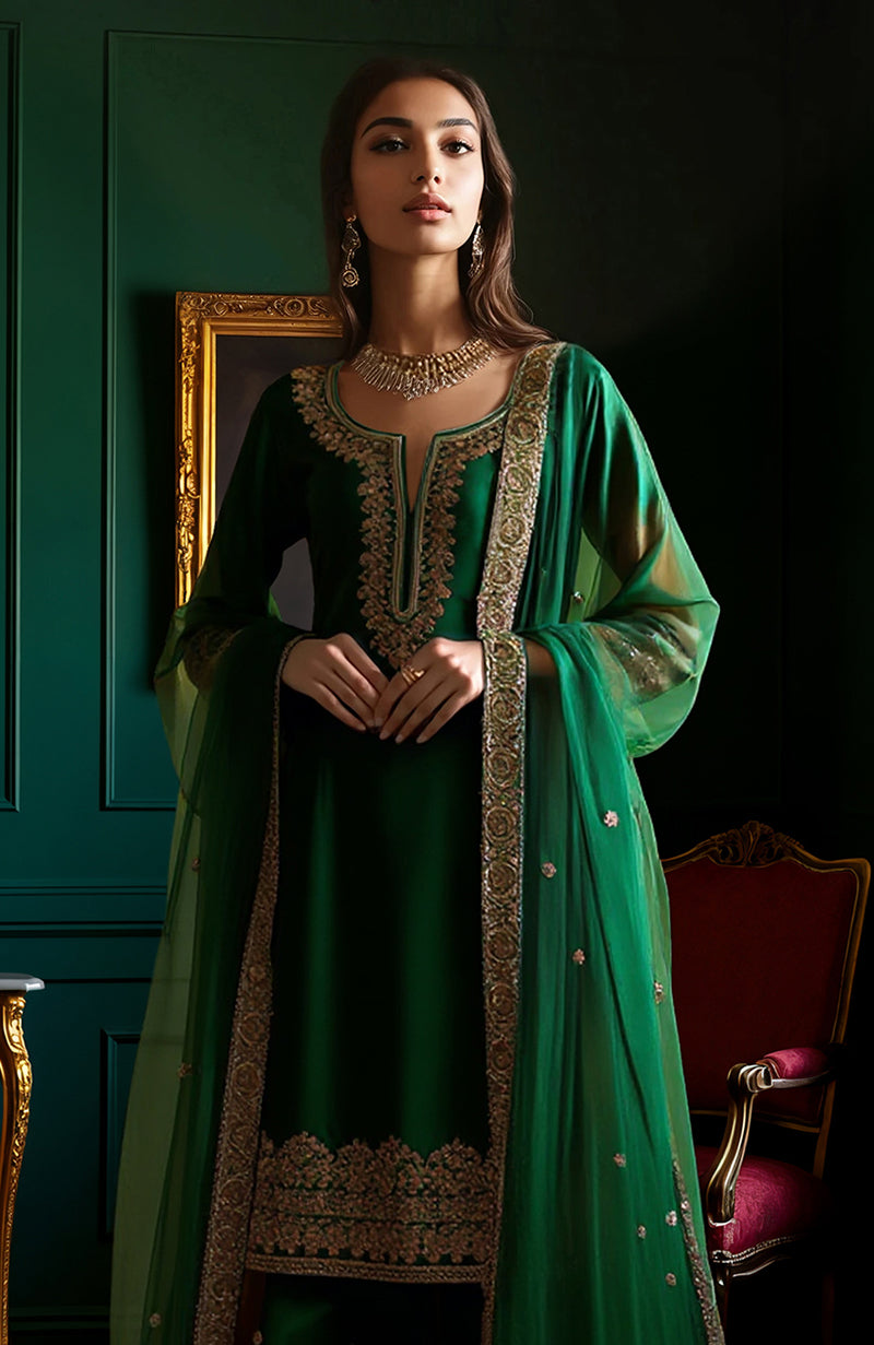 Emerald Green Gold Embroidered Gharara set