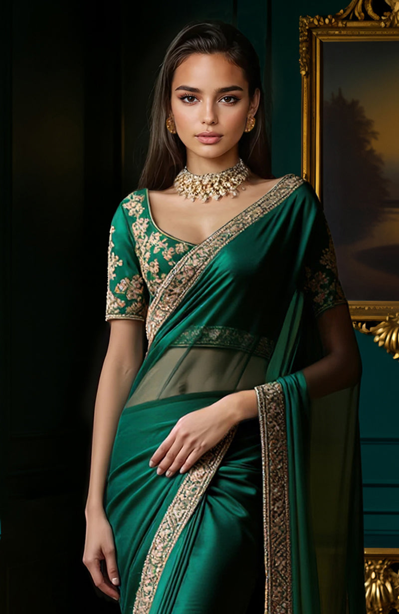 Deep Emerald Green Gold Embroidered Saree