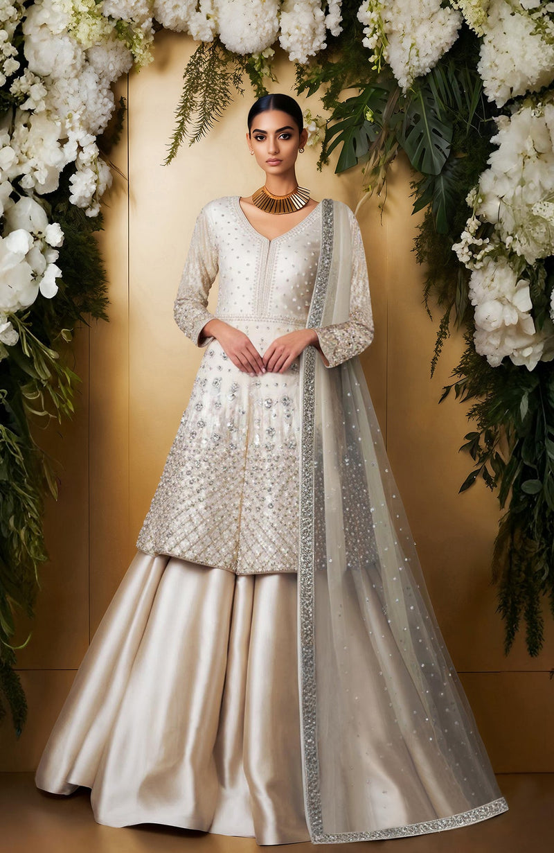 Ivory Bead & Crystal Embroidered Skirt Set with Dupatta