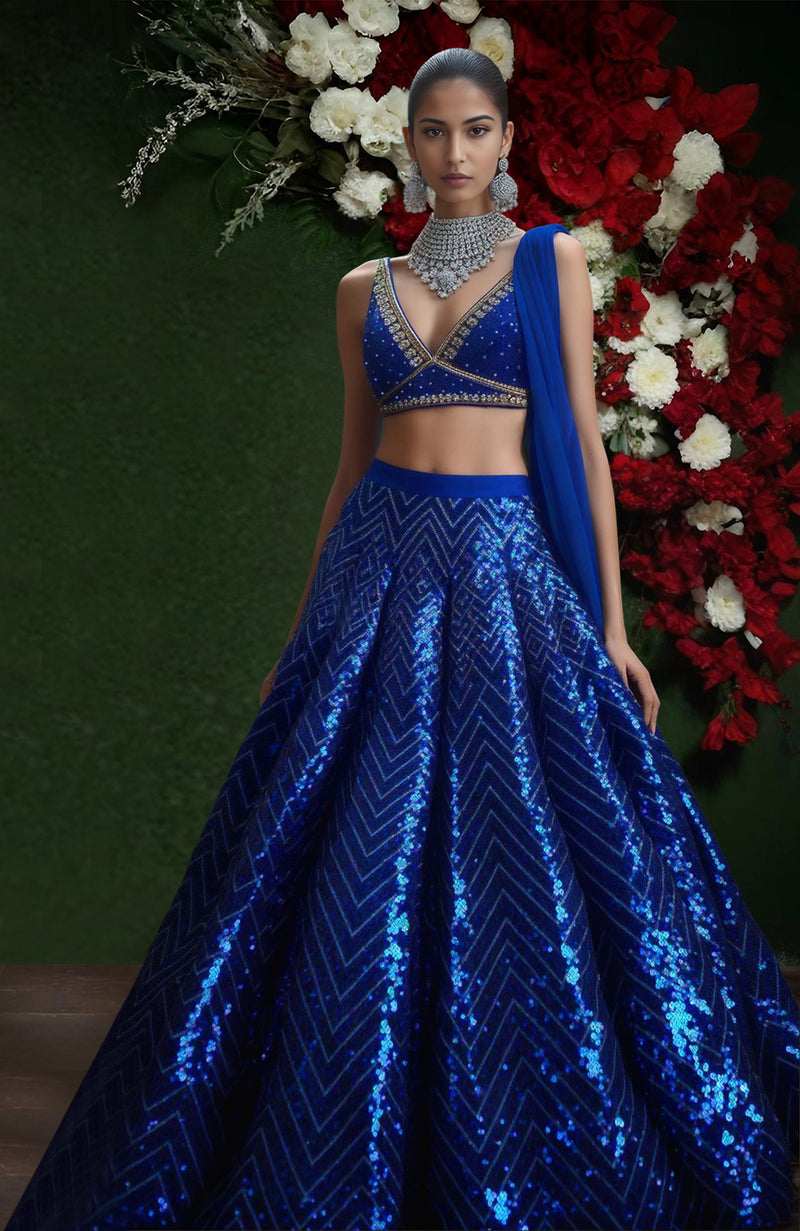 Royal Sapphire Sequin & Beads Embroidered Lehenga Set