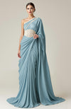 Greek Goddess Ivory one-shoulder Pearl Beaded Draped Saree Gown
