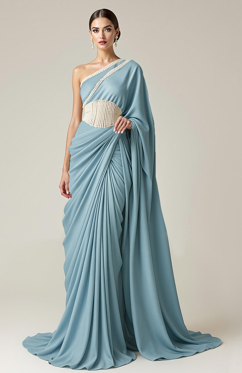 Greek Goddess Ivory one-shoulder Pearl Beaded Draped Saree Gown