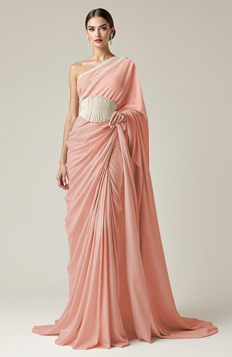 Greek Goddess Ivory one-shoulder Pearl Beaded Draped Saree Gown