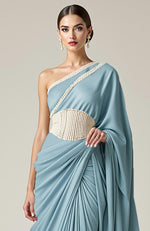 Greek Goddess Powder Blue one-shoulder Pearl Beaded Draped Saree Gown