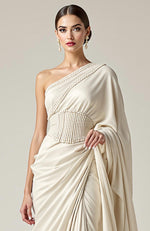 Greek Goddess Ivory one-shoulder Pearl Beaded Draped Saree Gown