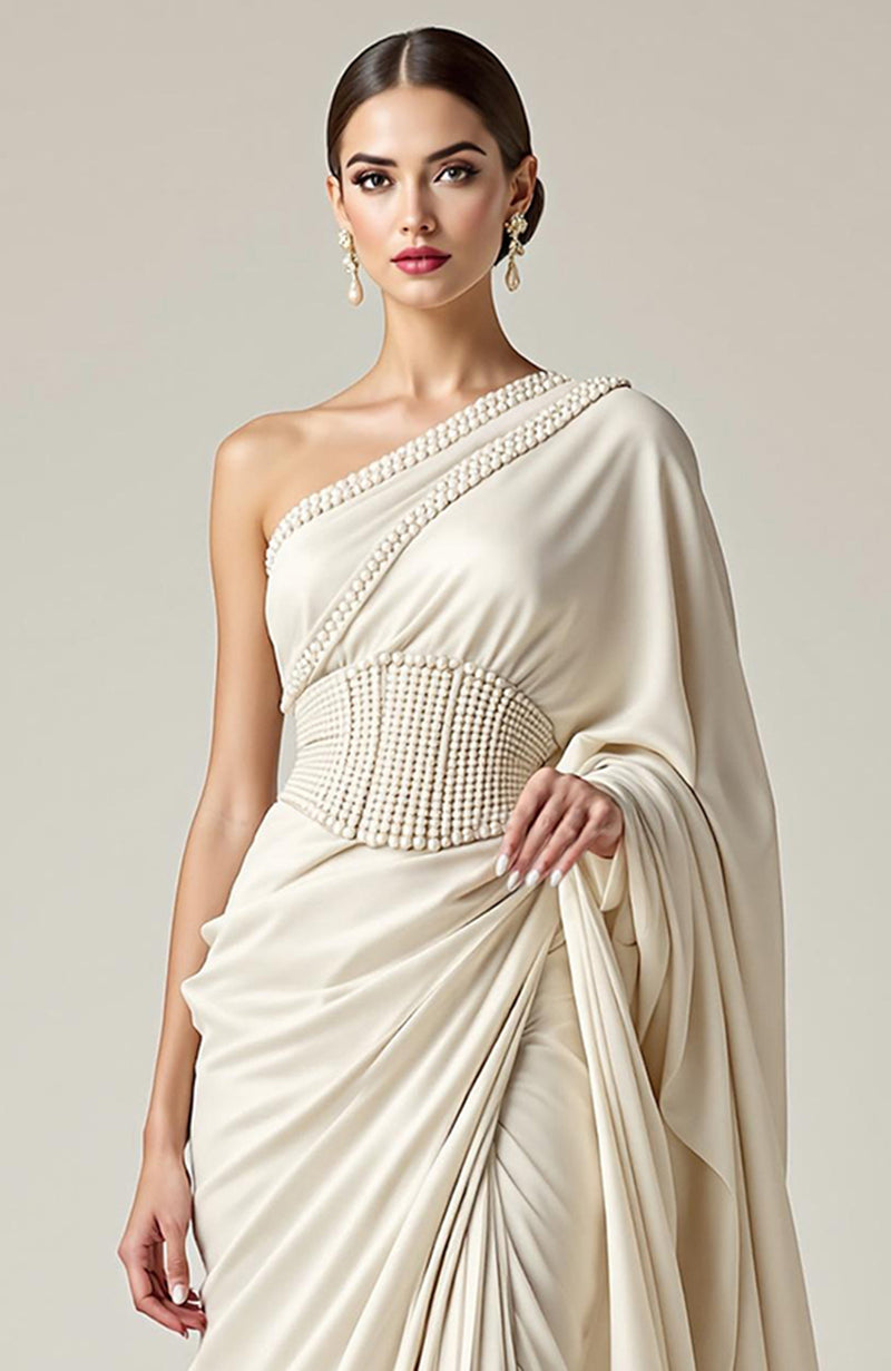 Greek Goddess Ivory one-shoulder Pearl Beaded Draped Saree Gown