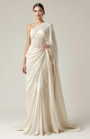 Greek Goddess Ivory one-shoulder Pearl Beaded Draped Saree Gown