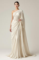 Greek Goddess Ivory one-shoulder Pearl Beaded Draped Saree Gown