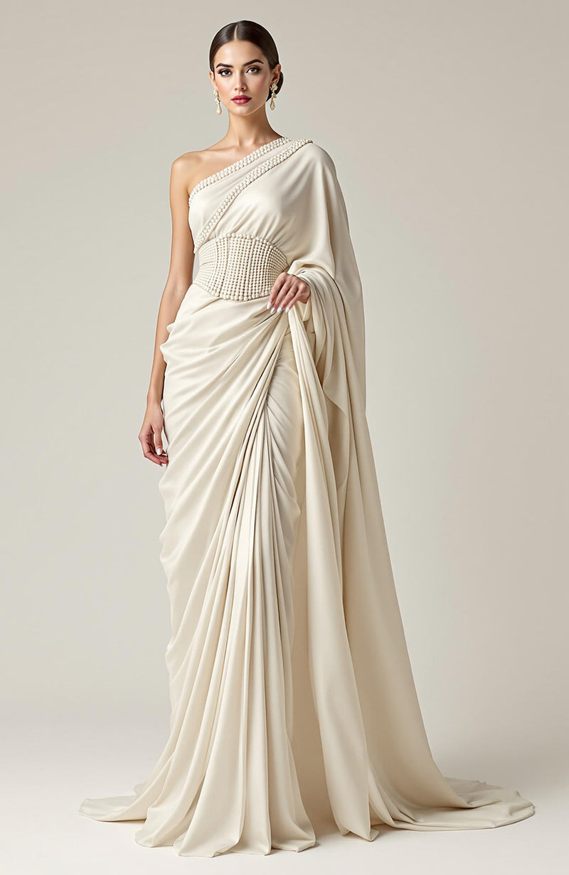 Greek Goddess Ivory one-shoulder Pearl Beaded Draped Saree Gown