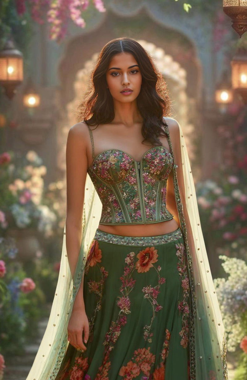 Enchanted Forest Green Floral Corset Lehenga Set