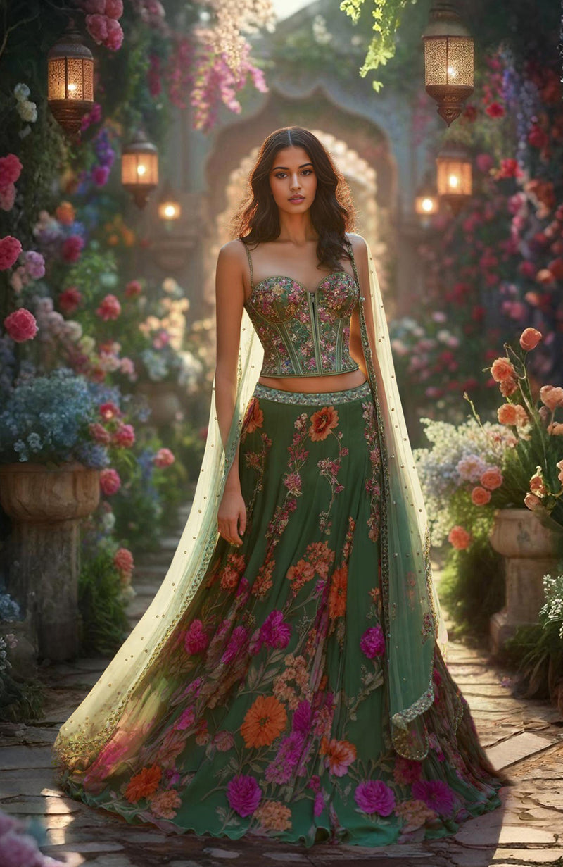 Enchanted Forest Green Floral Corset Lehenga Set