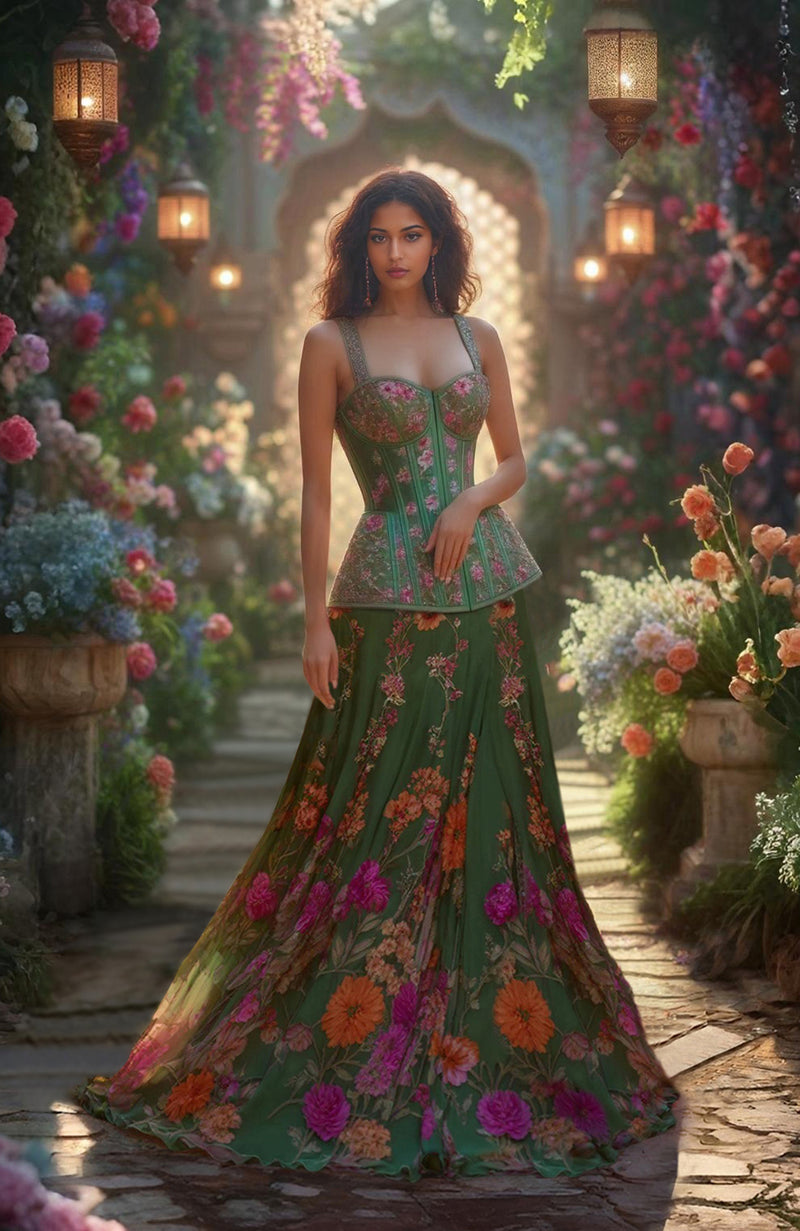 Enchanted Blossom Green Corset Lehenga