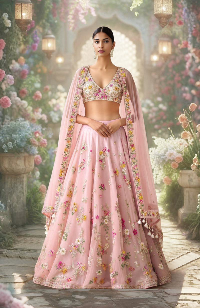 Blush Pink Floral Embroidered Lehenga Set