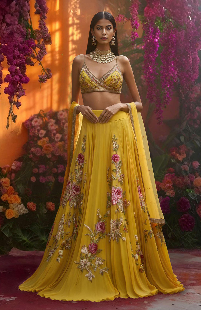 Golden Meadow Floral Embroidered Lehenga Set