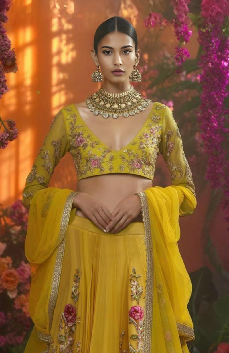 Marigold Yellow Floral Embroidered Lehenga Set