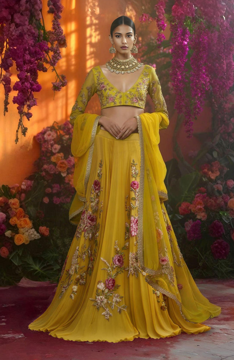 Marigold Yellow Floral Embroidered Lehenga Set