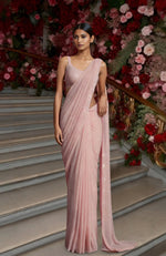 Blush Pink Sequin and Beads Embroidered Draped Saree