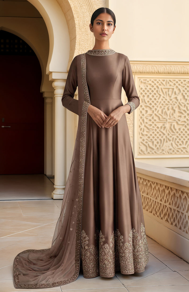 Taupe Resham Zari & Sequin Embroidered Anarkali Set