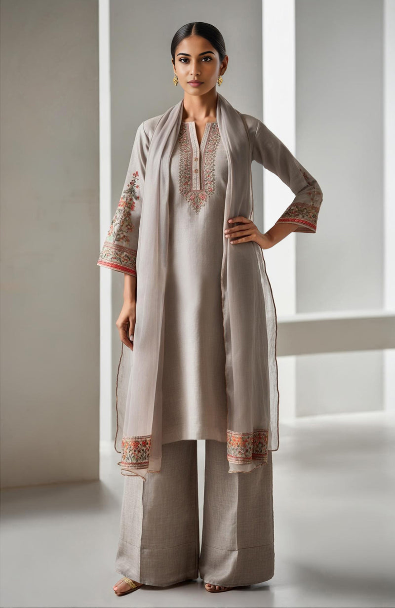 Taupe Beige Embroidered Kurta Set