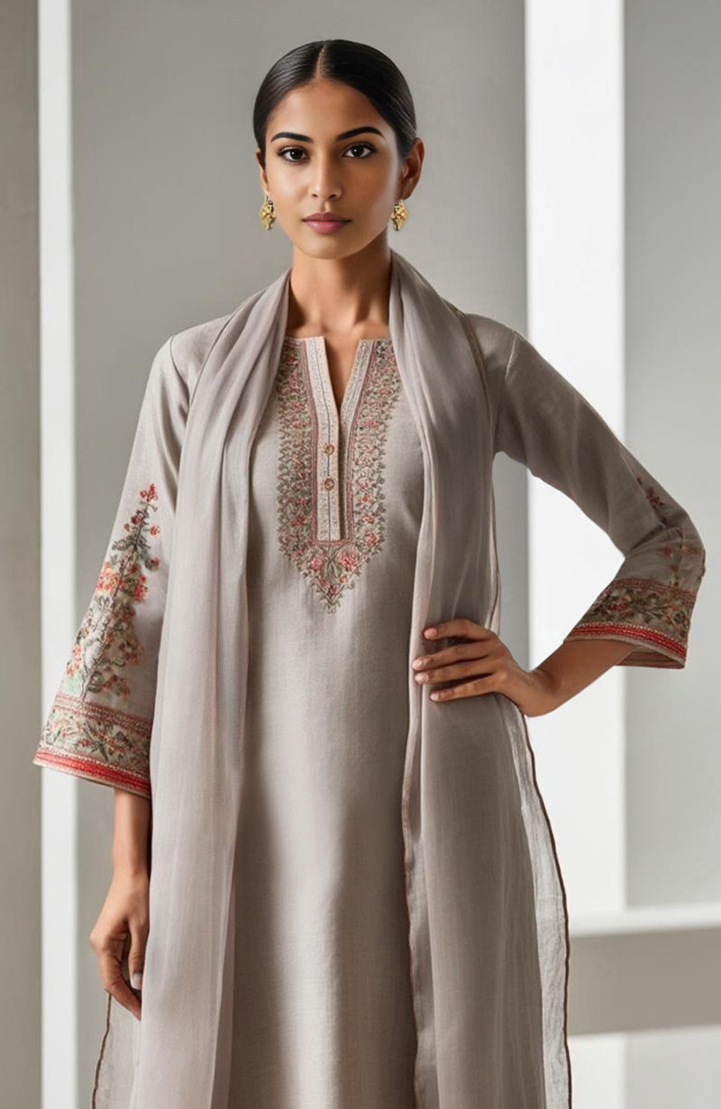 Taupe Beige Embroidered Kurta Set