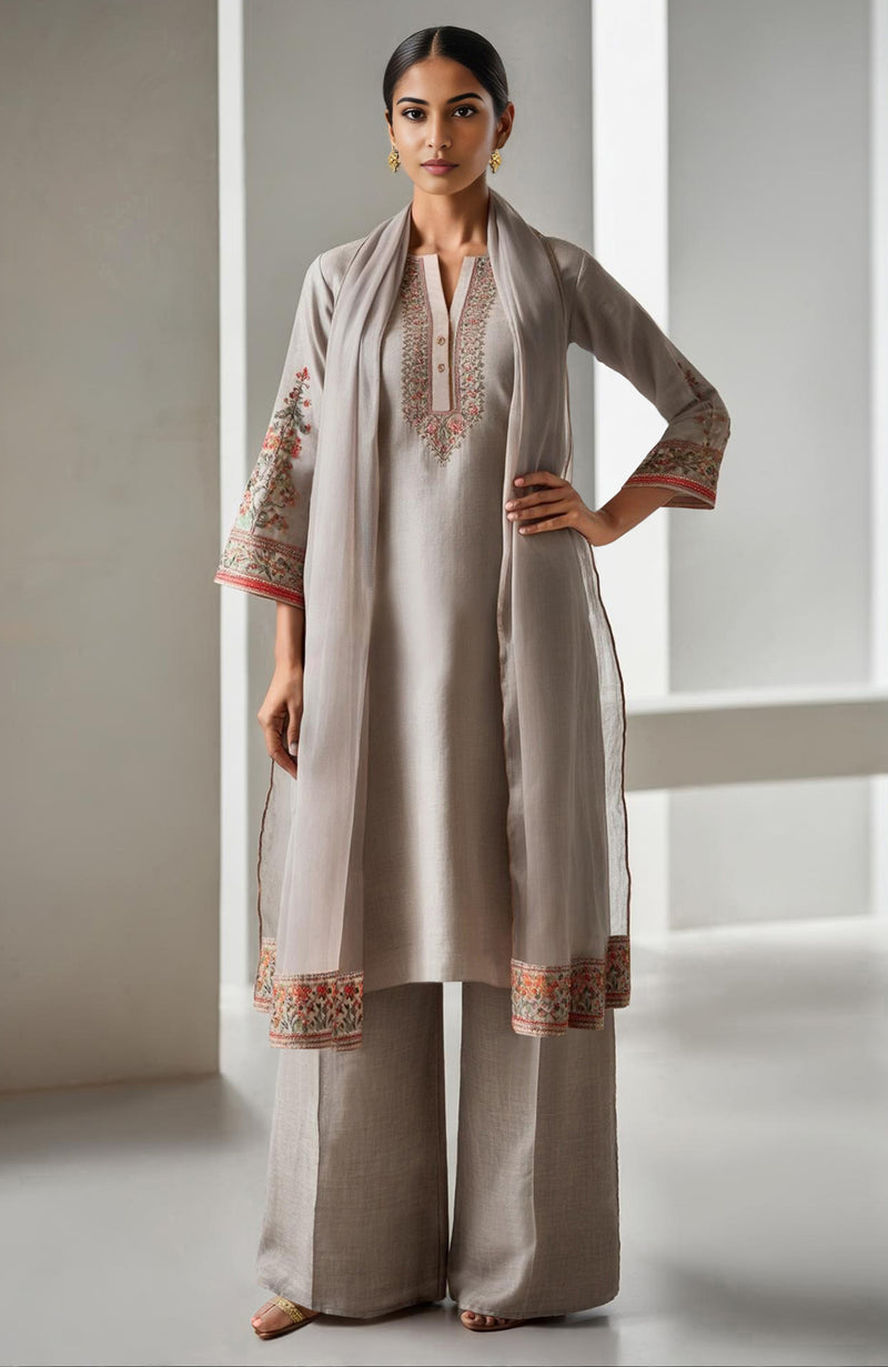 Taupe beige embroidered kurta set with wide-leg trousers and sheer dupatta.