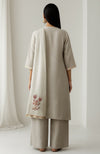 Ivory smoke embroidered kurta set with wide-leg trousers and a floral embroidered dupatta.