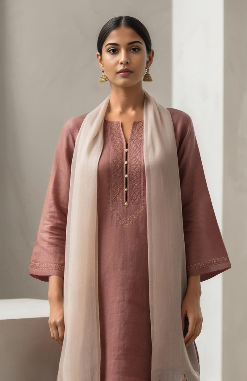 Muted Rosewood Embroidered Kurta Set