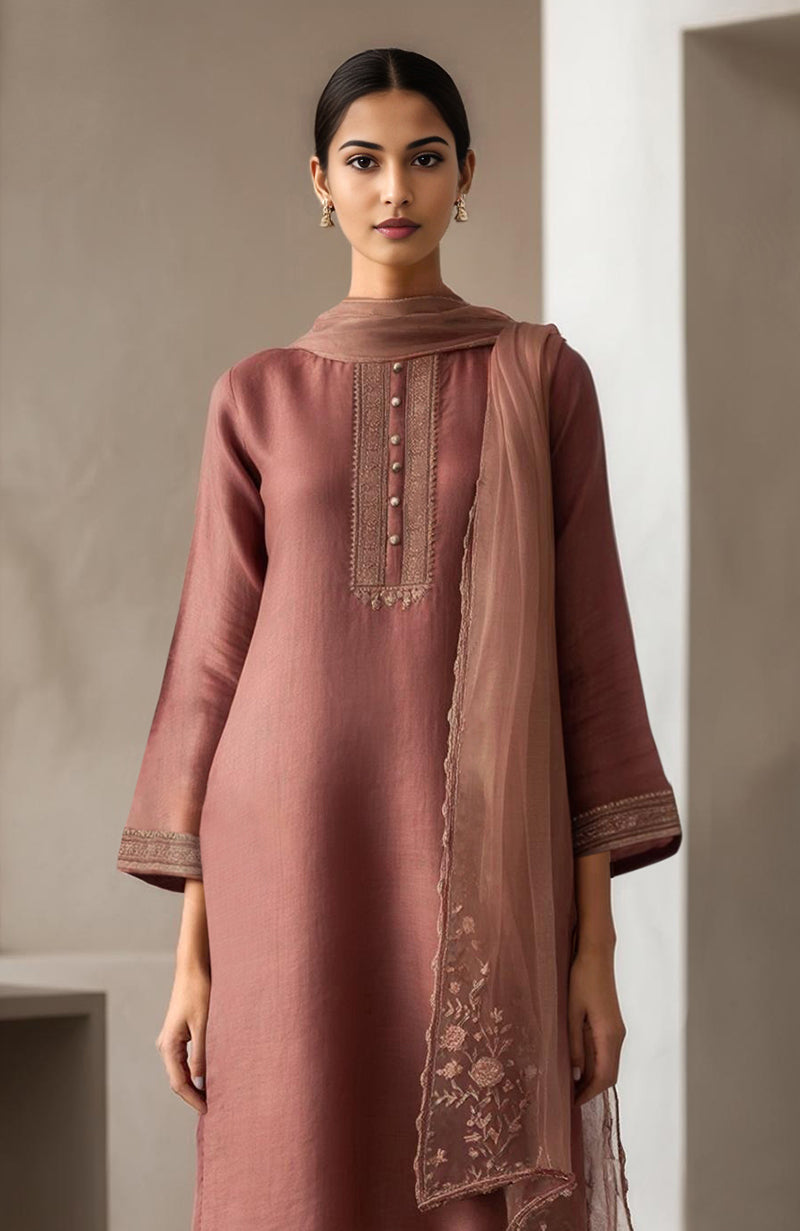 Muted Rosewood Embroidered Kurta Set