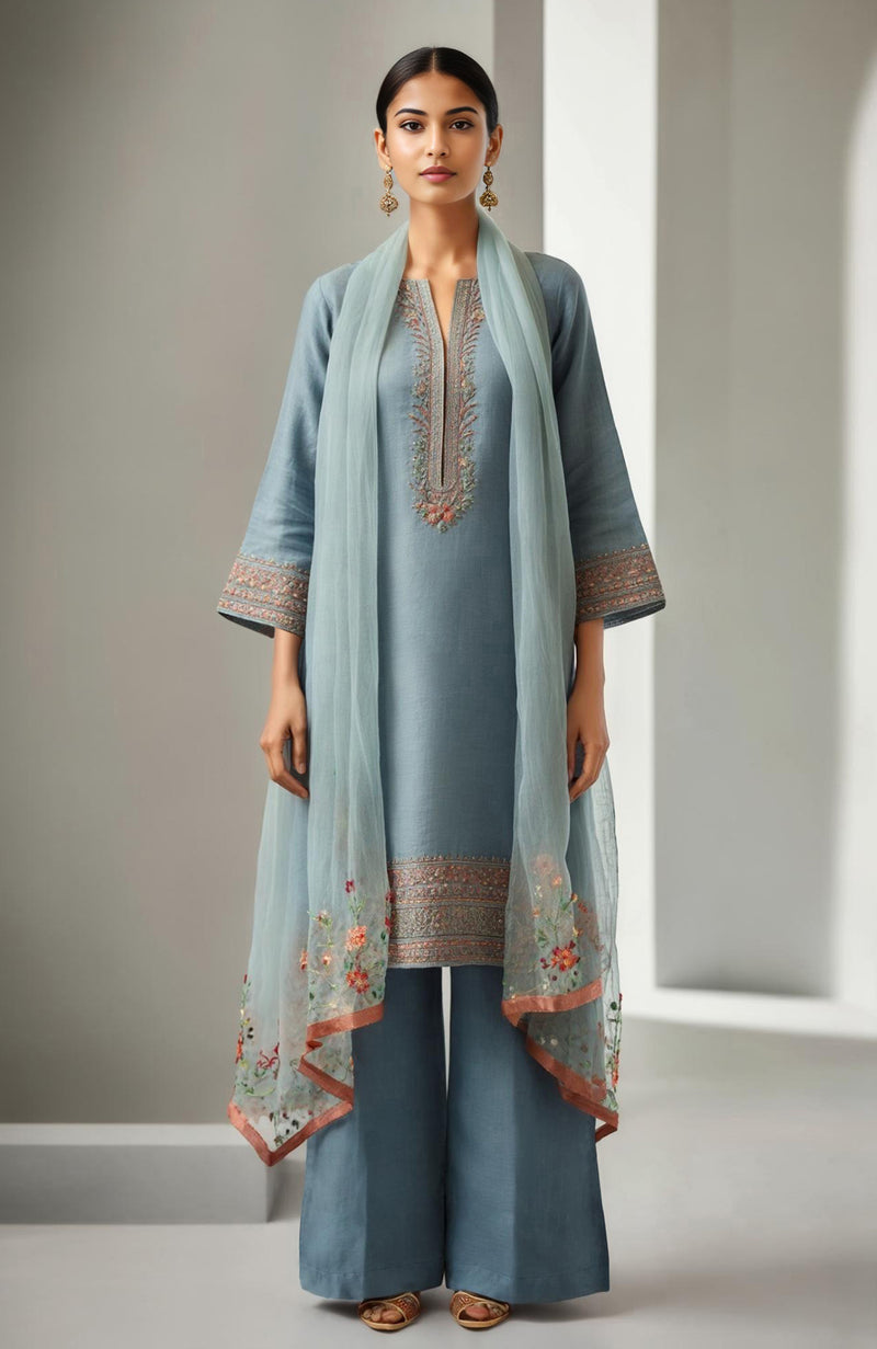 Powdered Indigo Embroidered Kurta Set