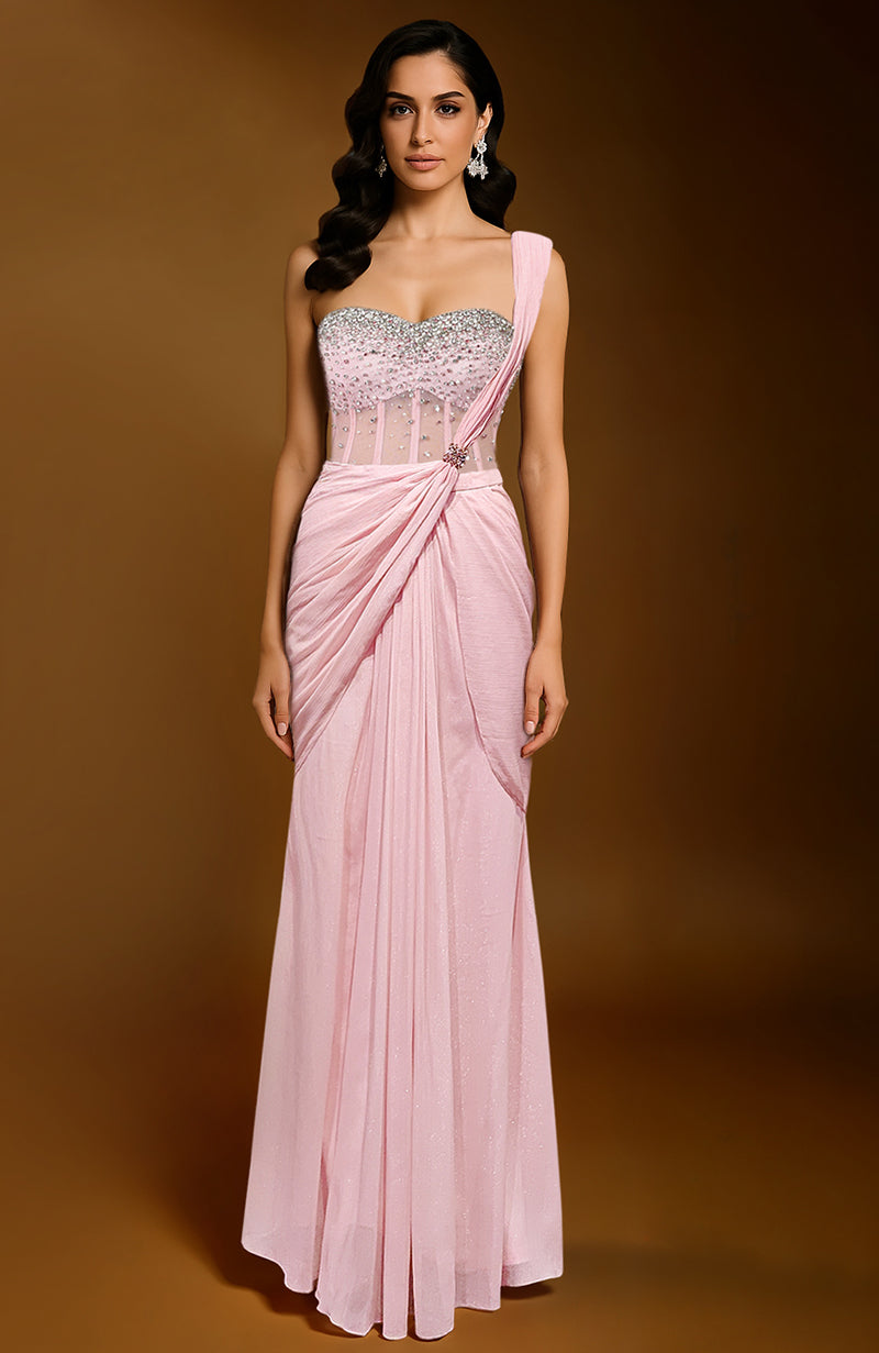 Amor Blush Crystal Draped Corset Saree