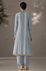 Powder Blue Embroidered Kurta Set With Dupatta-Inspired Pleated Drape